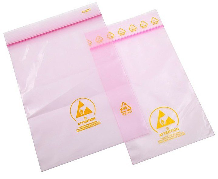 Pink Anti static bags 80 x 120 mm resealable + ESD shield® printed warning label